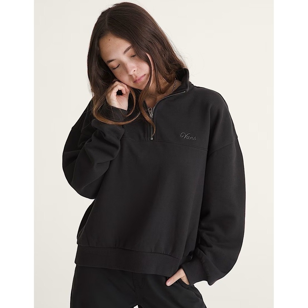 Vans Womens Script Logo Mock Quarter‎ Zip Sweatshirt Black VN000XA1BLK Large NWT